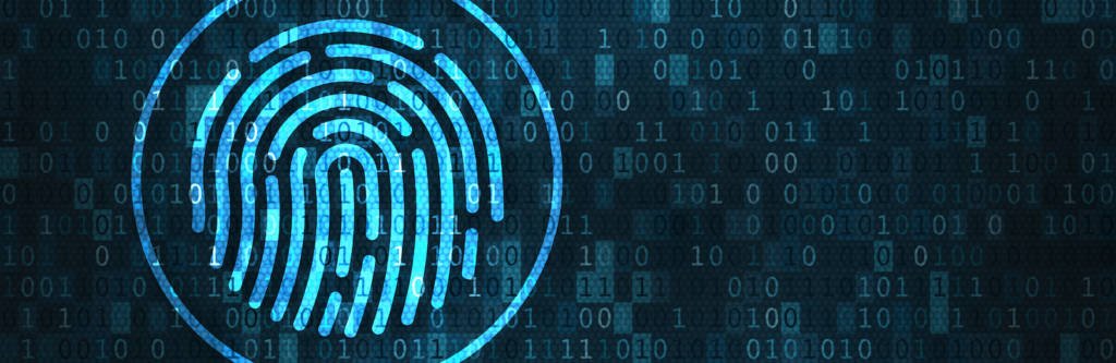 A teal finger print surrounded by a circle on top of a dark multicolored background with lighter colored code