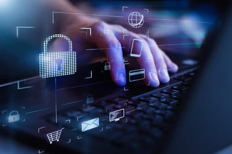 The image depicts a hand typing on a laptop keyboard with digital icons floating in the foreground. The icons include a lock, shopping cart, email, and globe, symbolizing security, online transactions, communication, and global connectivity. The lock icon represents cybersecurity and data protection, while the other icons suggest various aspects of online banking or e-commerce. The overall theme of the image is focused on digital security and the secure handling of sensitive information in an interconnected, online environment, possibly in relation to open banking in the LATAM region.